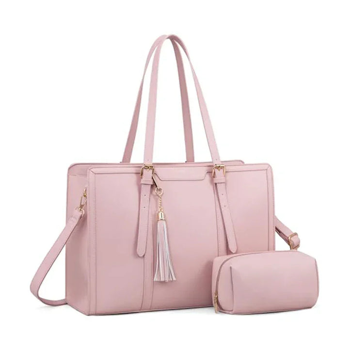 Elegant pink leather tote bag with matching small pouch and tassel detail, gold hardware accents