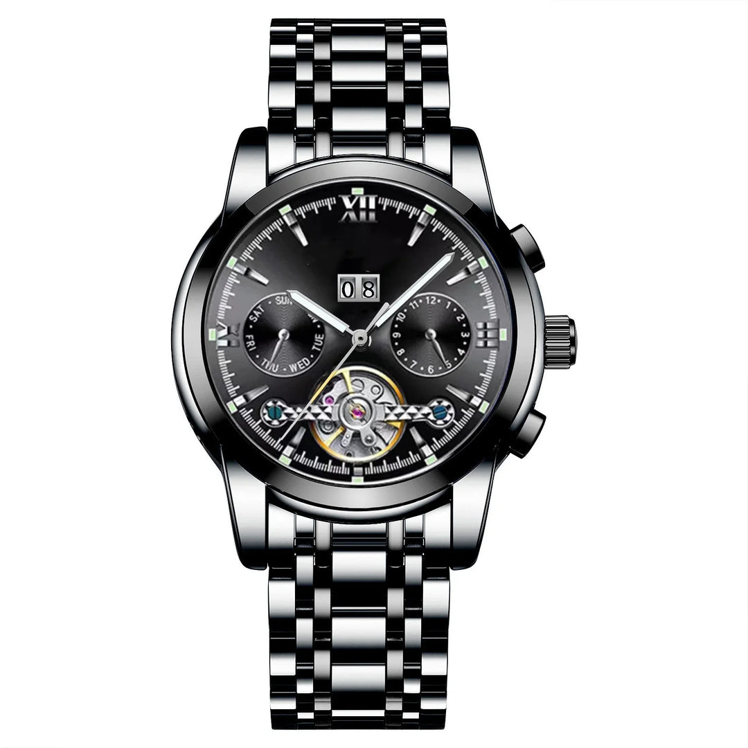 Luxury stainless steel wristwatch with black dial, day and date subdials, and visible tourbillon