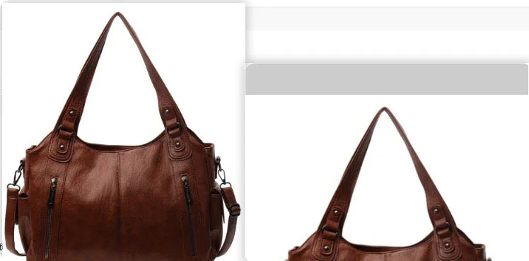 brown leather shoulder handbag with double handles and front zipper pockets on white background