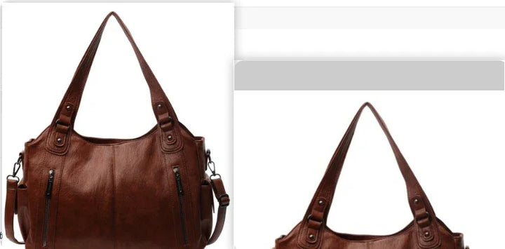 brown leather shoulder handbag with double handles and front zipper pockets on white background