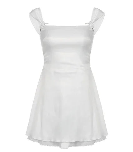 White satin mini dress with square neckline and sheer puff sleeves