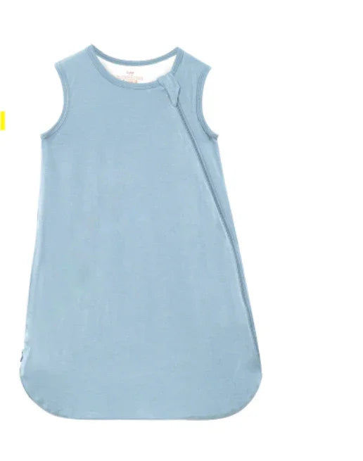 Light blue sleeveless baby sleeping bag with side zipper and rounded bottom
