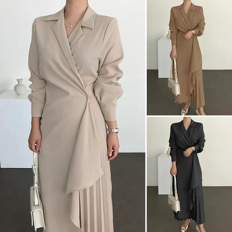 Women wearing elegant pleated wrap dresses in beige, brown, and black colors, accessorized with white handbags