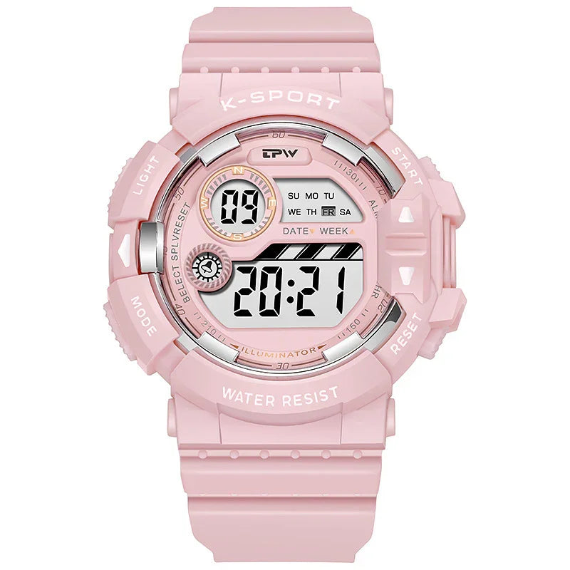 Pink K-Sport digital wristwatch with water resistance, date, time, and LED light features