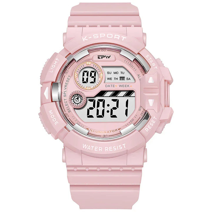 Pink K-Sport digital wristwatch with water resistance, date, time, and LED light features