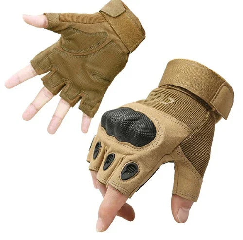 tactical fingerless gloves with knuckle protection and adjustable wrist straps in brown