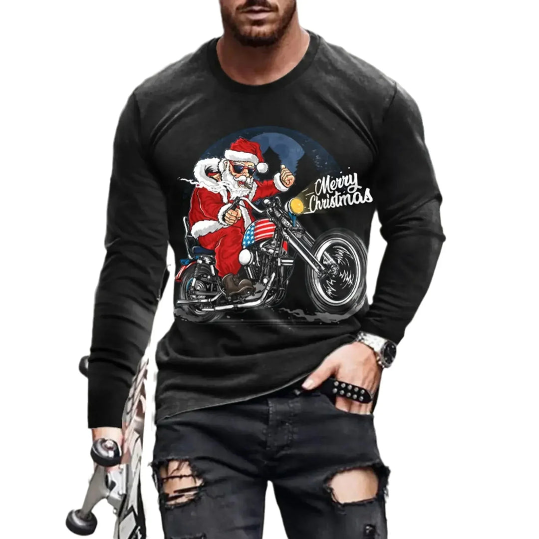 Man wearing black Christmas sweater with Santa on motorcycle and Merry Christmas text