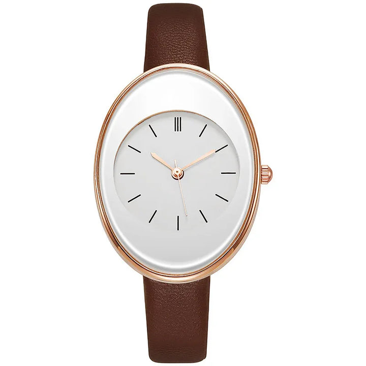 Elegant oval wristwatch with brown leather strap and rose gold case on white dial