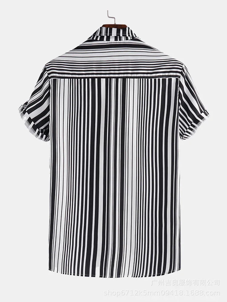 Black and white vertical striped short sleeve button-up shirt on hanger
