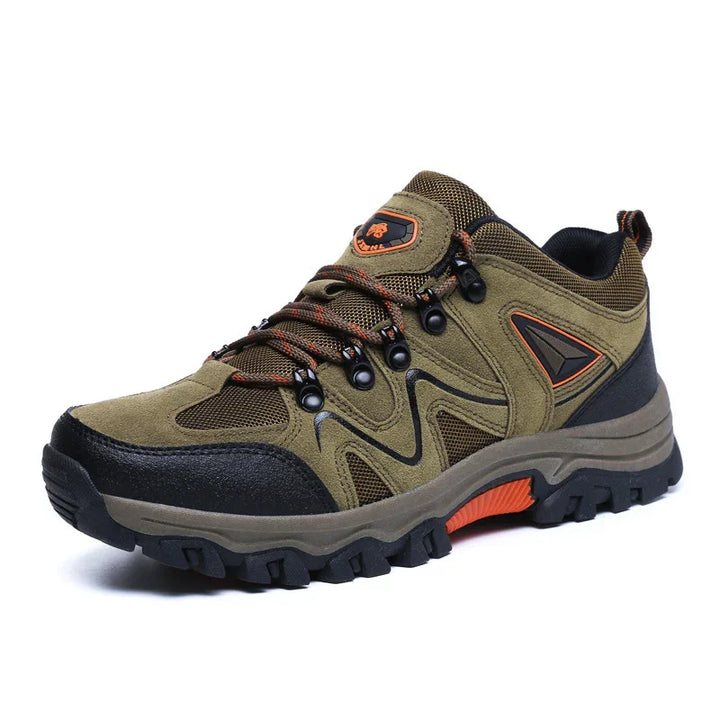Men's olive green and black hiking shoe with orange accents and rugged sole
