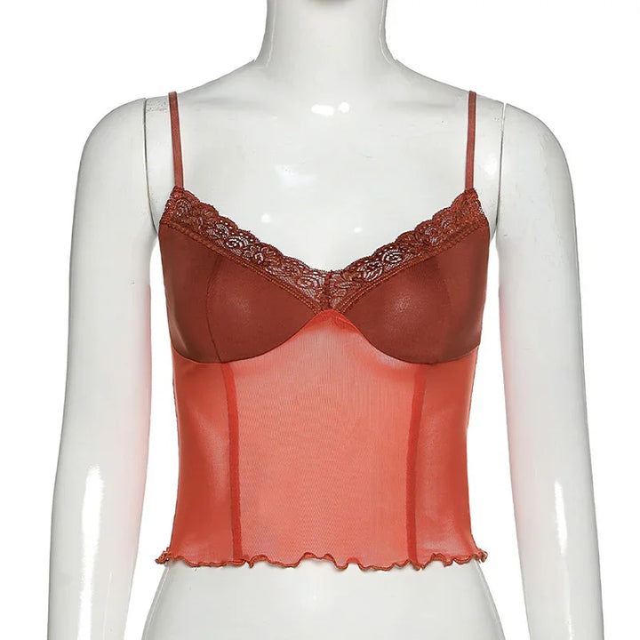 Rust brown lace trim sheer mesh sleeveless camisole top on mannequin