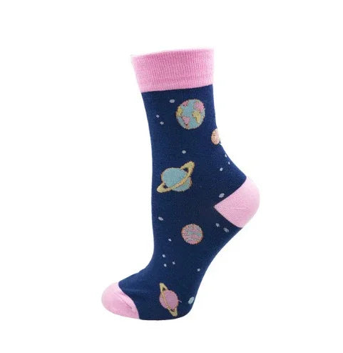 Navy blue sock with pink cuff, heel, toe and colorful planet space pattern