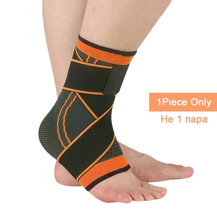 Black and orange adjustable ankle support brace on a foot, single piece, compression sleeve