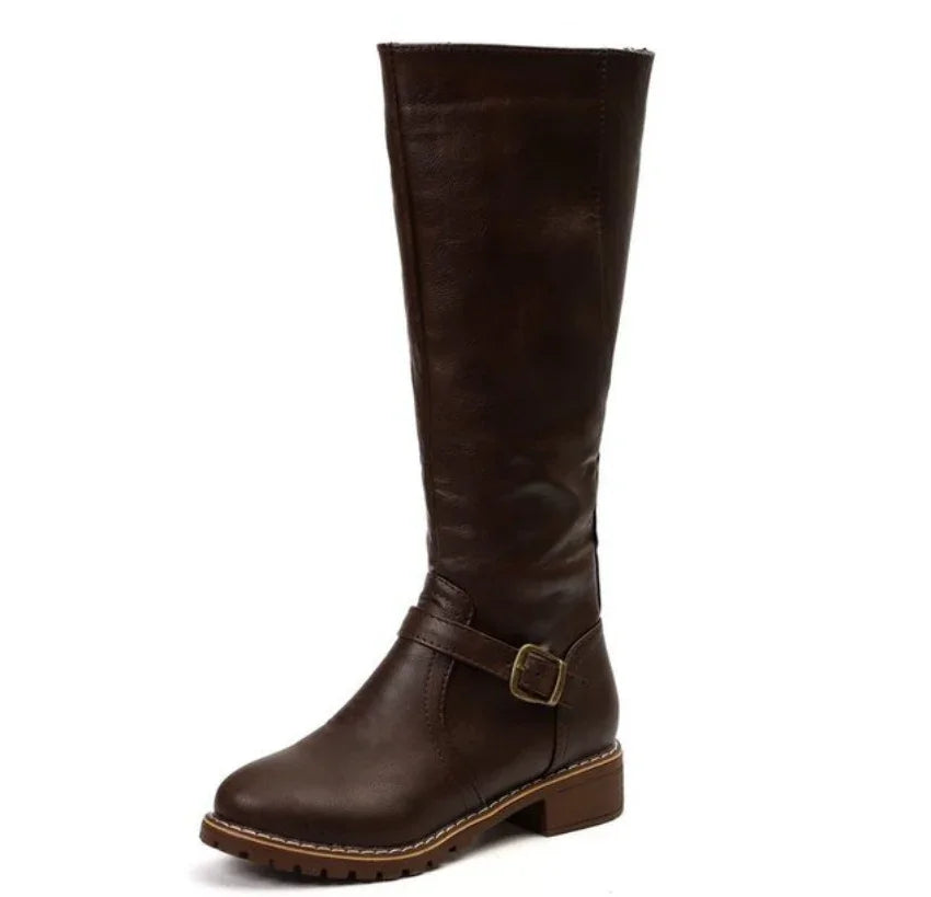 Dark brown knee-high leather boot with side buckle and low block heel, rugged sole