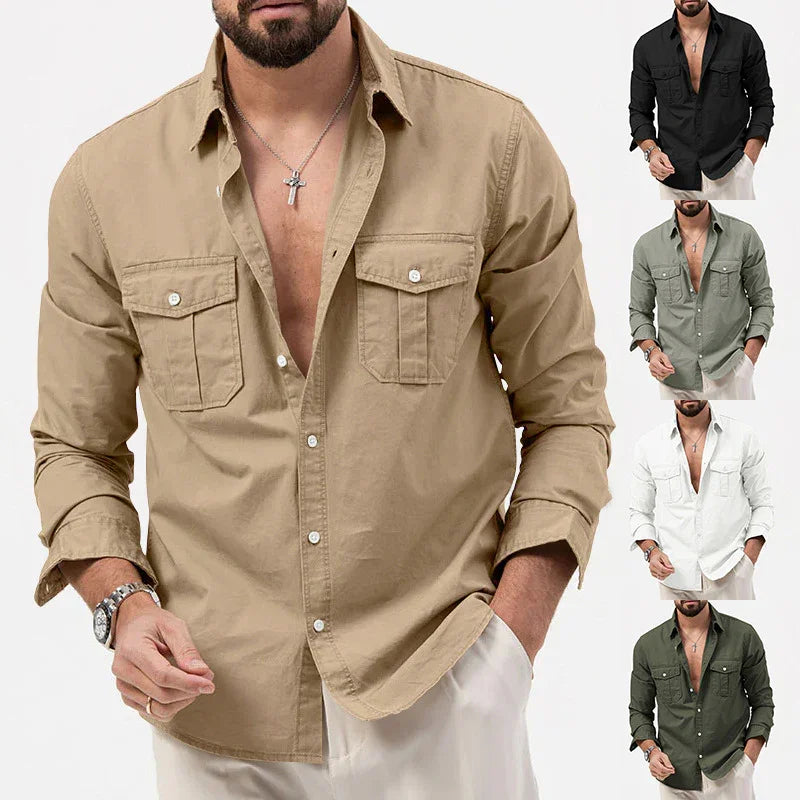Men's casual long-sleeve button-up shirt with chest pockets in beige, black, green, white, and olive colors