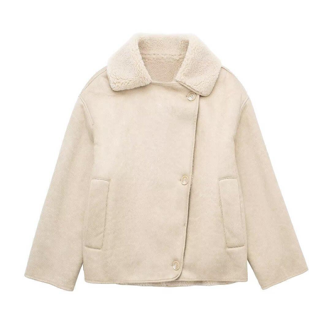 Beige faux shearling jacket with cozy collar and front buttons on white background