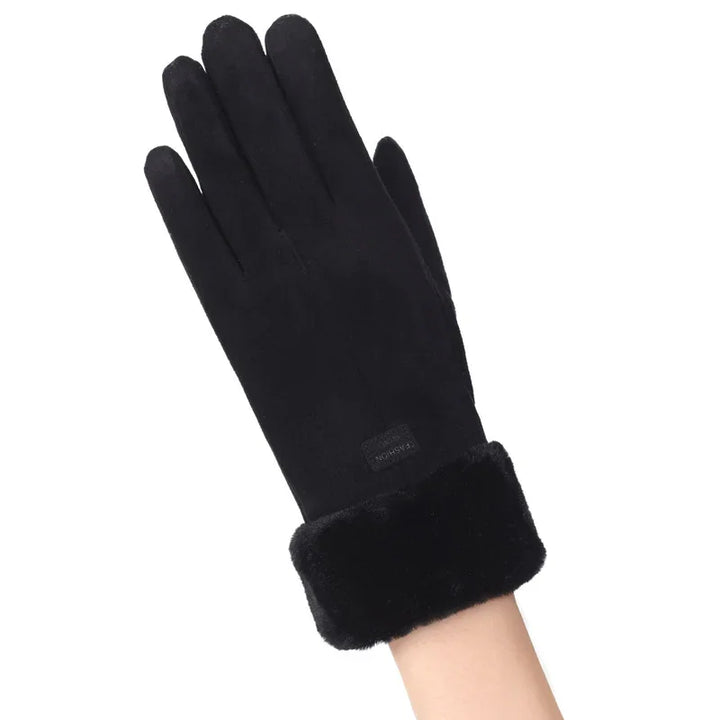 Black winter glove with plush fur cuff on a wrist, soft fabric, cozy design
