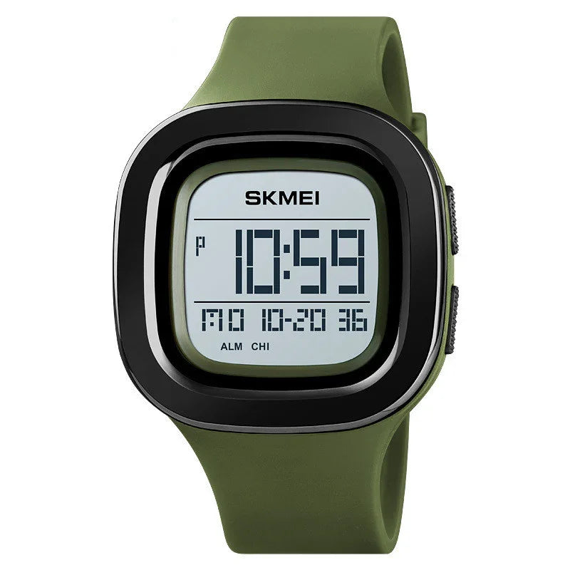 SKMEI digital wristwatch with square black bezel and green silicone strap showing time and date