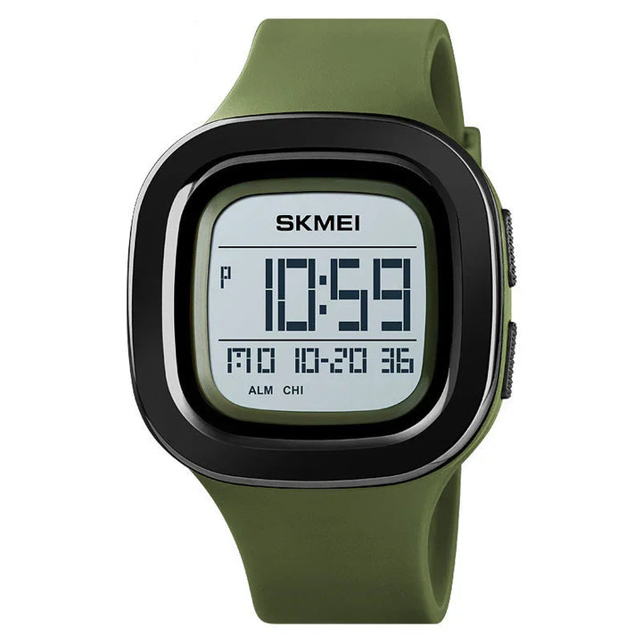 SKMEI digital wristwatch with square black bezel and green silicone strap showing time and date