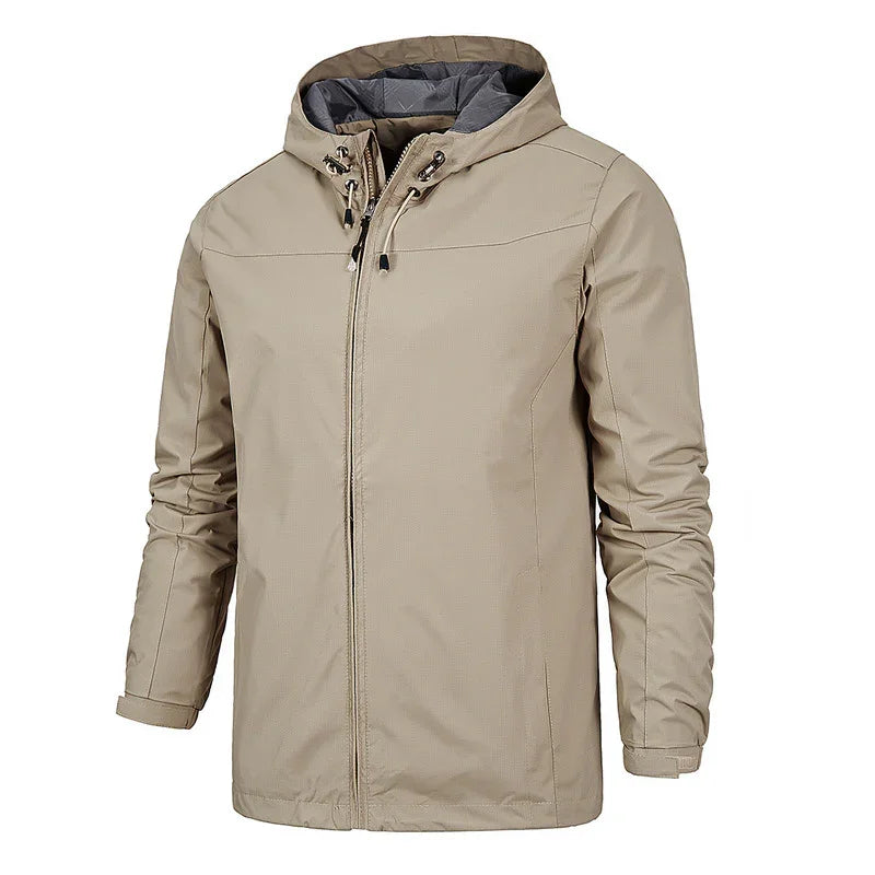 Beige hooded men's waterproof jacket with zipper front and adjustable drawstrings