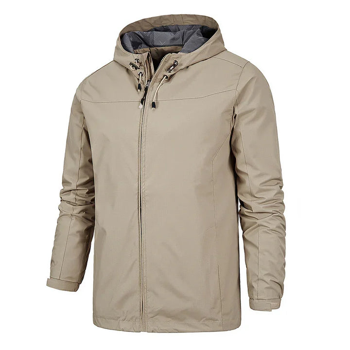 Beige hooded men's waterproof jacket with zipper front and adjustable drawstrings