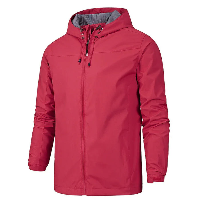 Red hooded waterproof jacket with zip front and adjustable drawstrings