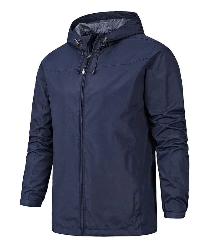 navy blue men's hooded jacket with full zip and drawstring in studio lighting