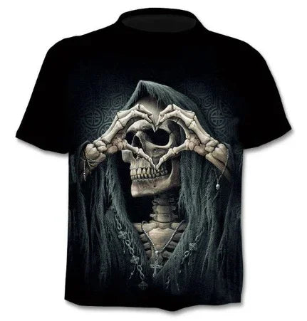 Black t-shirt with detailed skeleton grim reaper making a heart shape with bony hands