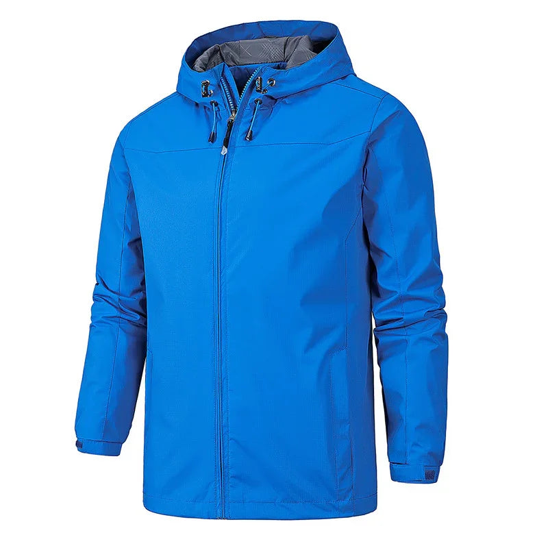 Men's blue waterproof hooded jacket with front zipper, outdoor lightweight raincoat