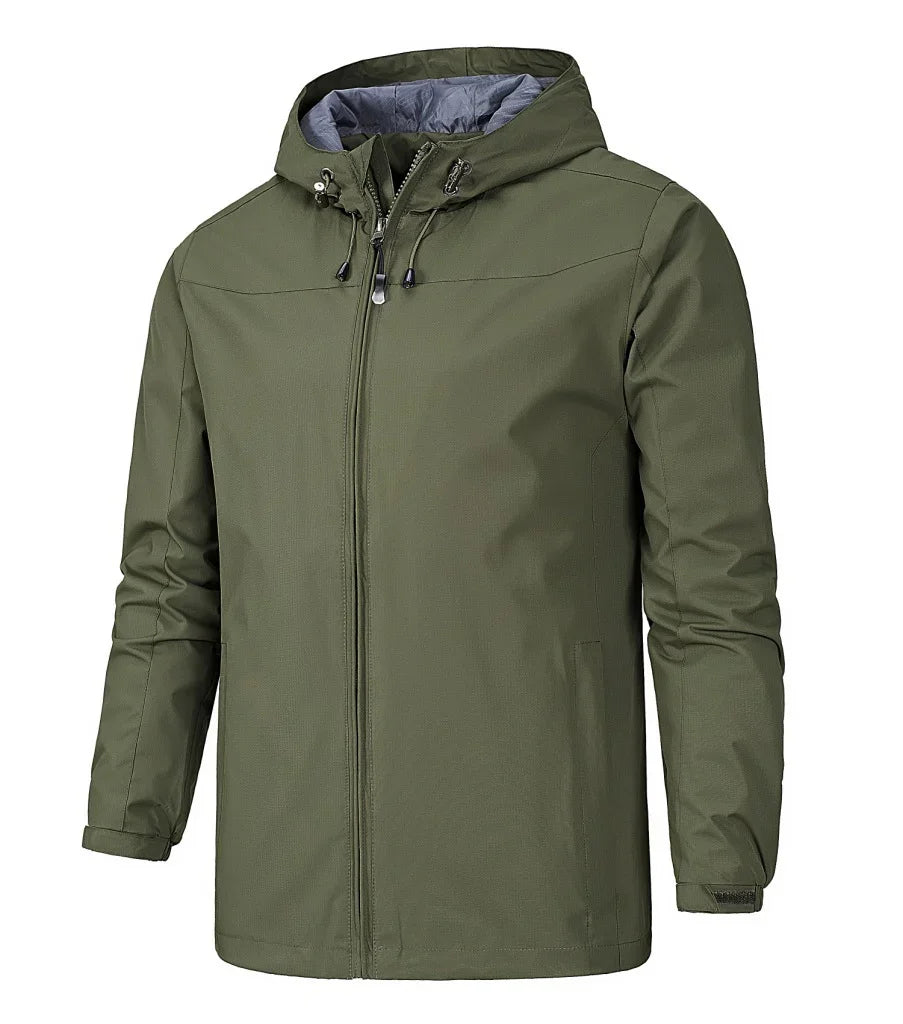 Olive green men's hooded jacket with front zipper and drawstring details