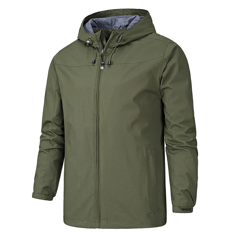 Olive green men's hooded jacket with front zipper and drawstring on white background
