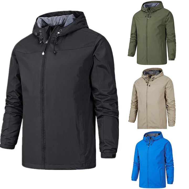 Men's waterproof hooded jackets in black, green, beige, and blue on white background