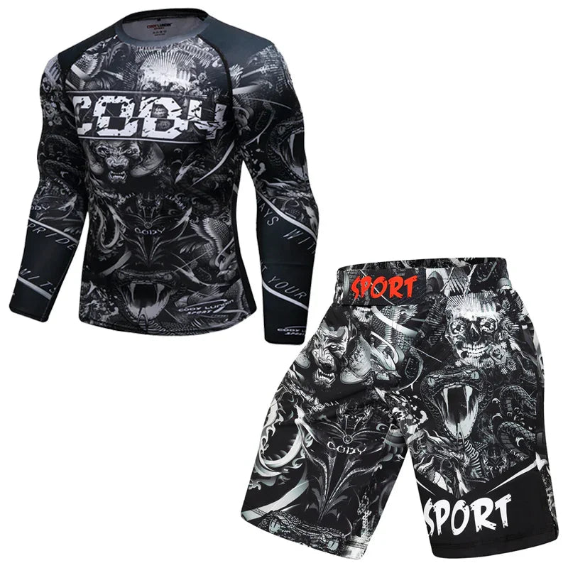 Black and white men's sports rash guard and shorts set with bold skull and animal prints, SPORT branding