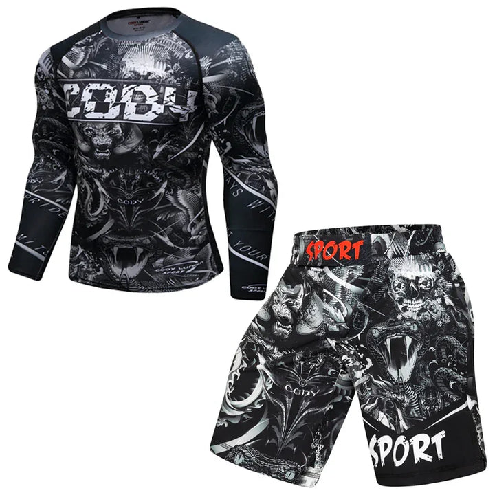 Black and white men's sports rash guard and shorts set with bold skull and animal prints, SPORT branding