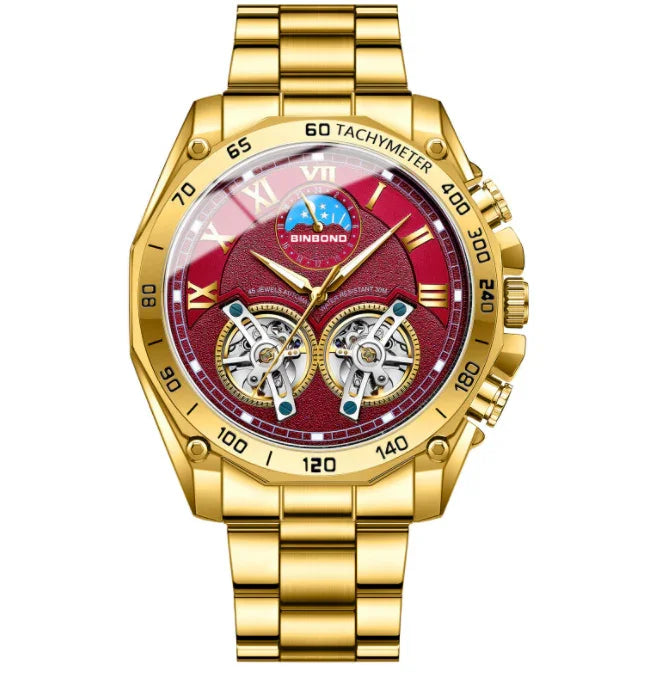 Luxury gold men's wristwatch with red dial, dual tourbillon, tachymeter bezel, and moon phase display