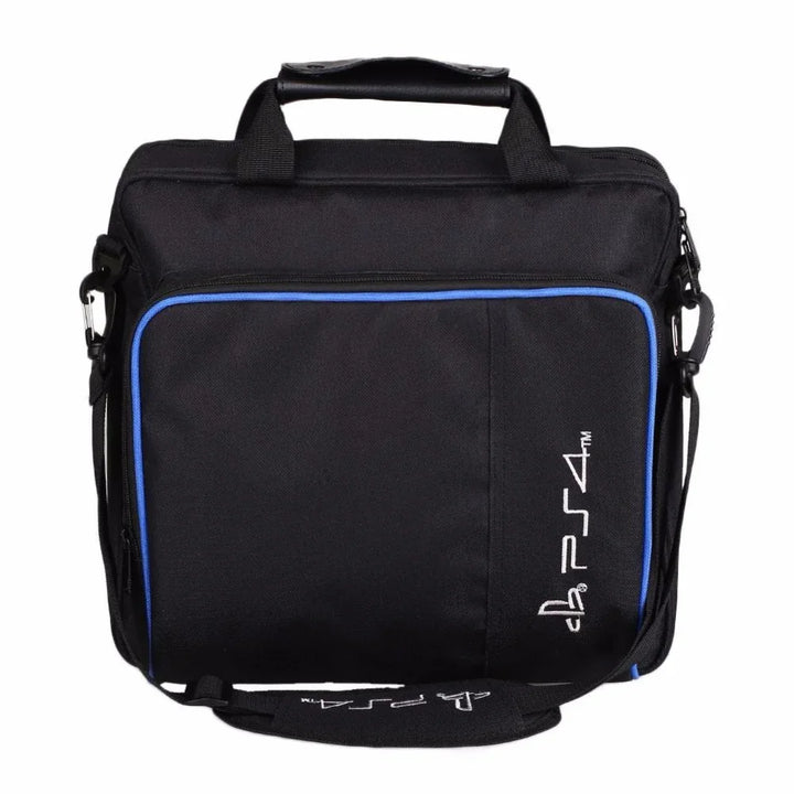 Black PS4 gaming console carry bag with blue trim and dual handles for portable storage