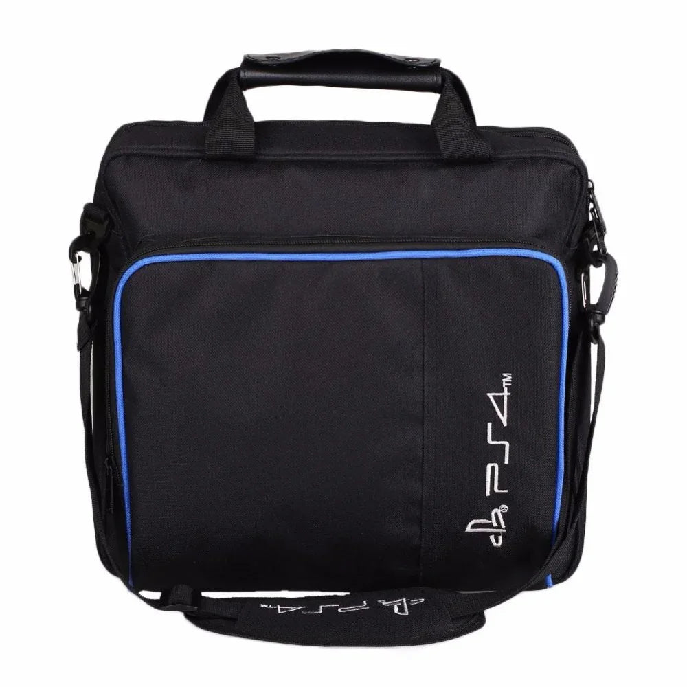 Black PS4 carrying bag with blue trim, zippered compartments, and adjustable shoulder strap