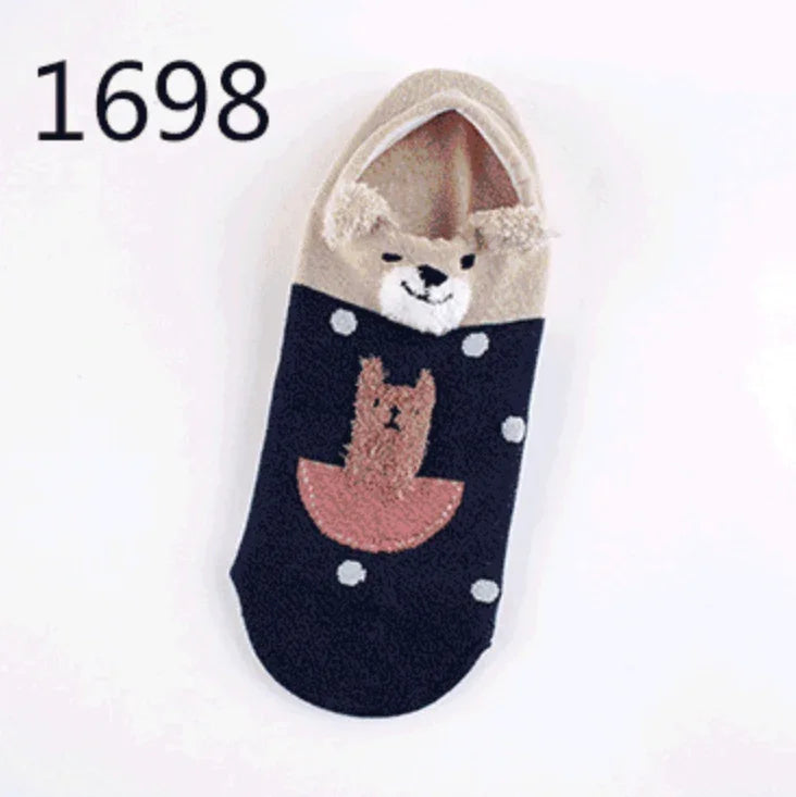 Animal-themed cozy slipper sock with bear face and ears, navy blue with polka dots and bear design