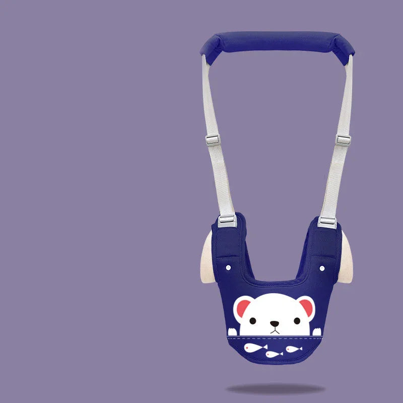 Navy blue baby walking harness with cute white bear and fish design, adjustable straps
