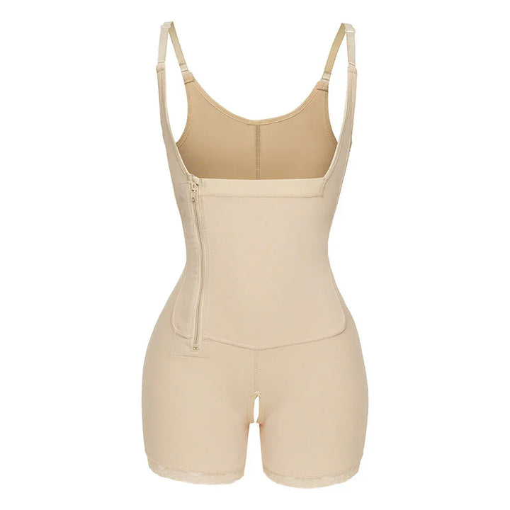 Beige women's full body shaper with adjustable straps, side zipper, and open crotch design