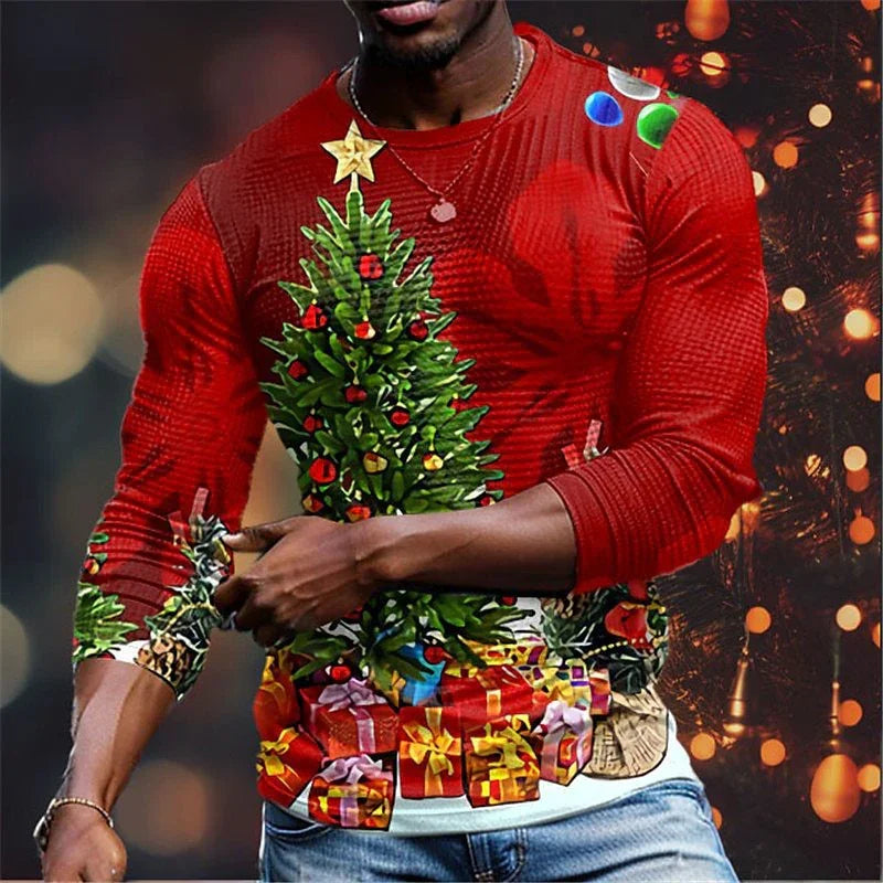 Man wearing a festive red Christmas sweater with a decorated tree and colorful gift boxes
