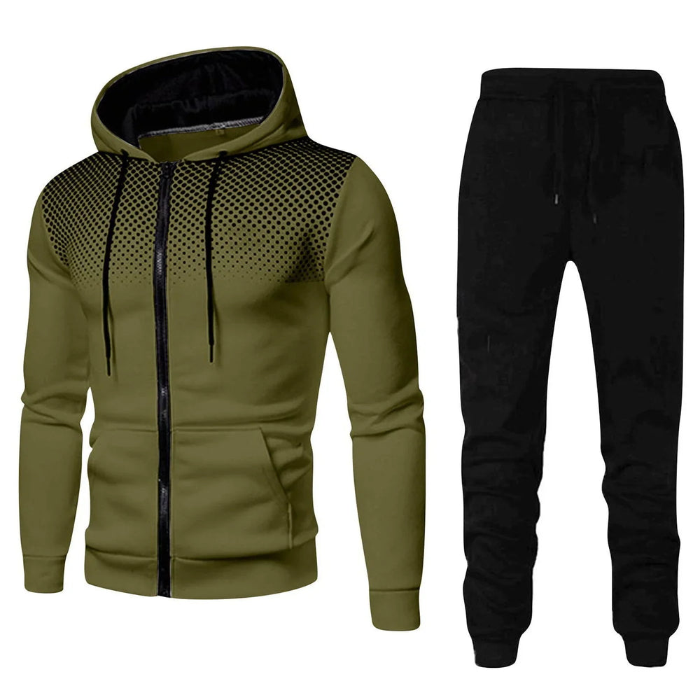 Men's olive green zip-up hoodie with black dotted design paired with black jogger pants