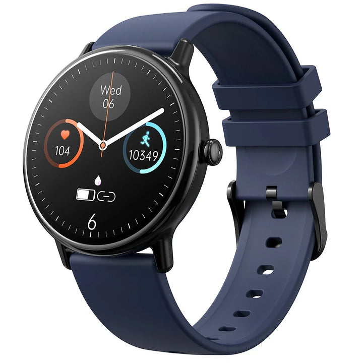 Black smartwatch with blue silicone strap showing heart rate, steps count, and date