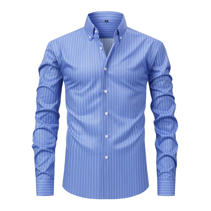 Men's slim fit blue dress shirt with white vertical stripes and button-down collar