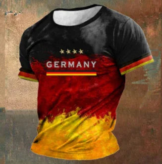 Germany football jersey with black, red, and yellow brush stroke design and four stars above text