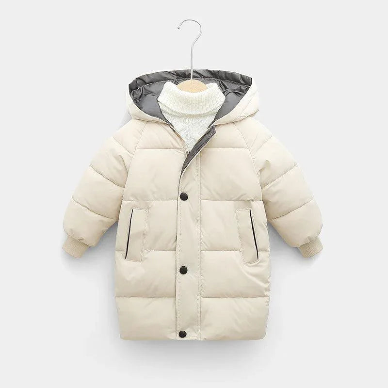 Cream padded puffer jacket with hood and front buttons on hanger, layered over white turtleneck sweater