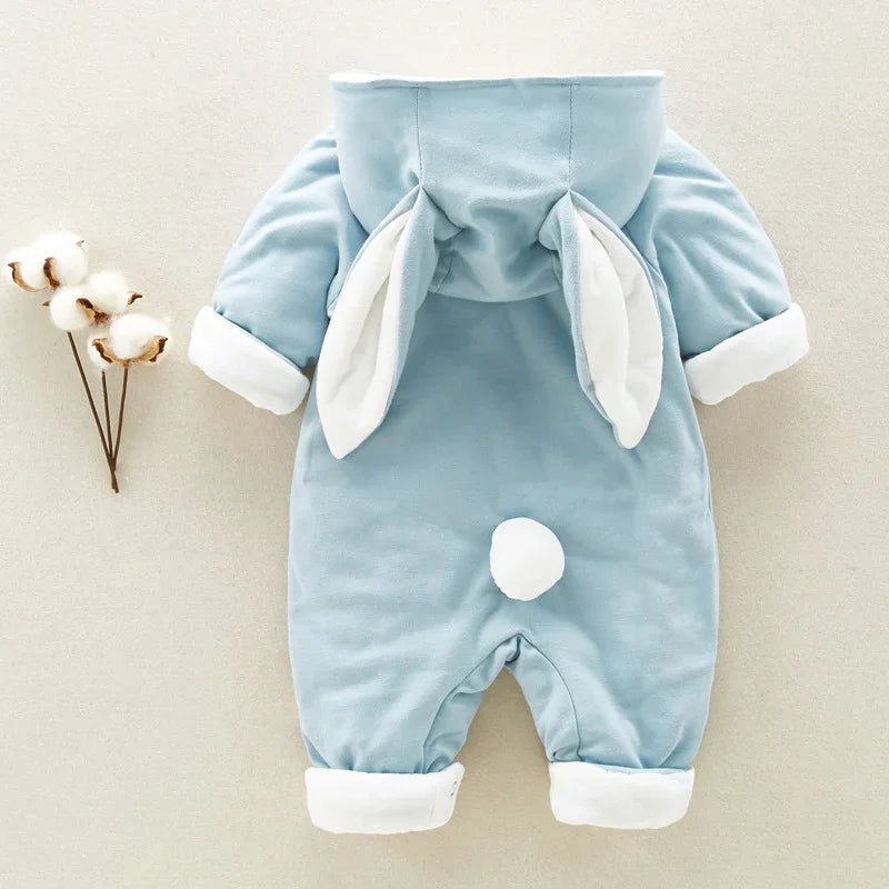 Blue baby onesie with white bunny ears and tail on hood, soft fabric romper for infants