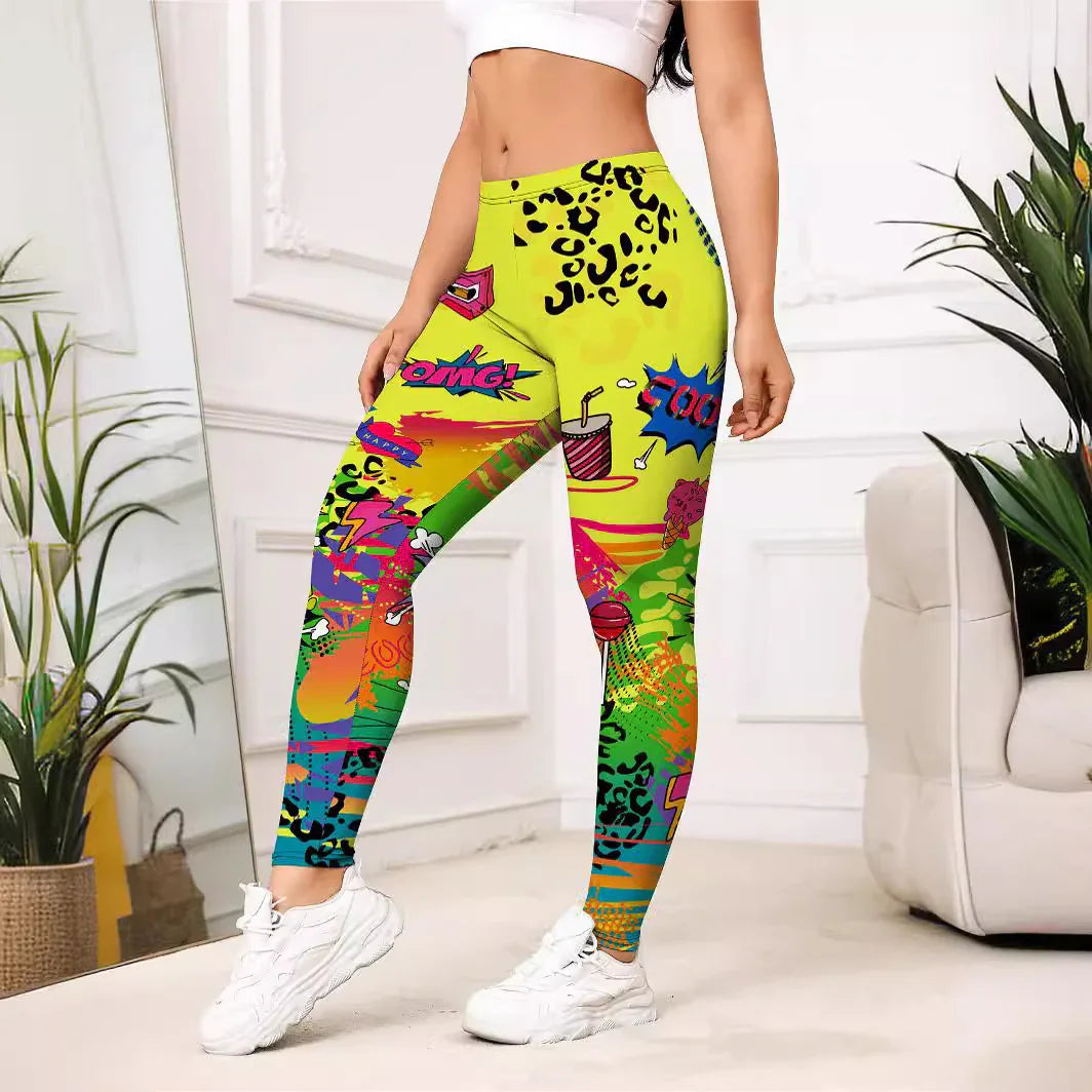 Woman wearing colorful graphic leggings with comic pop art designs in white room with plants