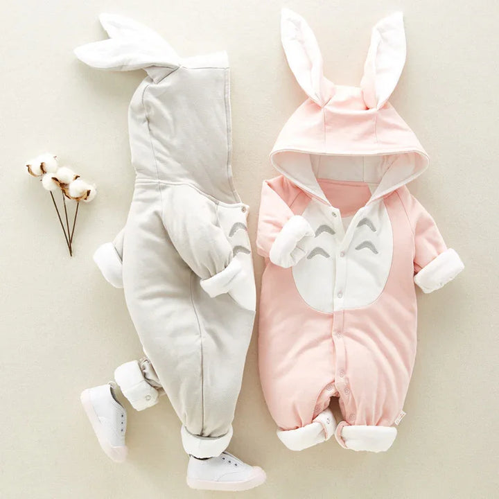 Soft baby hooded jumpsuits in grey and pink with bunny ears and cute paw prints