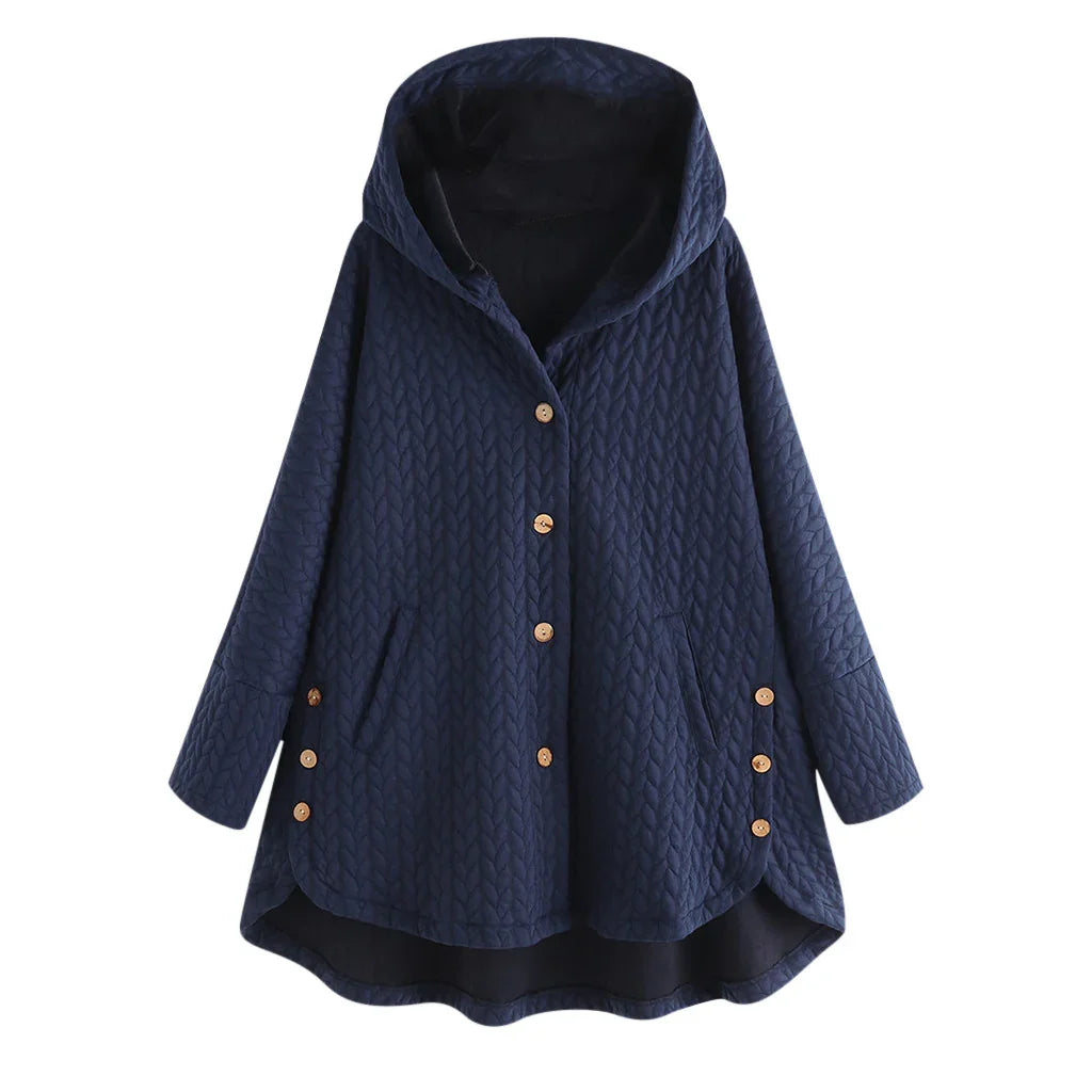 Navy blue quilted hooded coat with wooden buttons and side pockets, long sleeves
